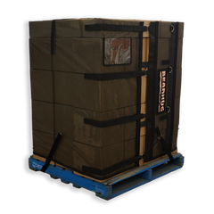 Bearhug reusable pallet wrap on a CHEP pallet with black straps securing the load