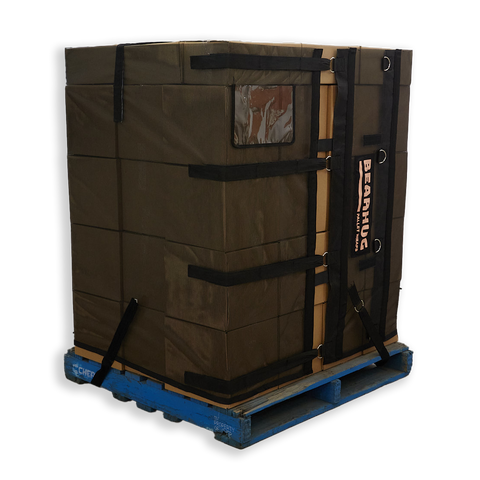 Bearhug reusable pallet wrap on a CHEP pallet with black straps securing the load